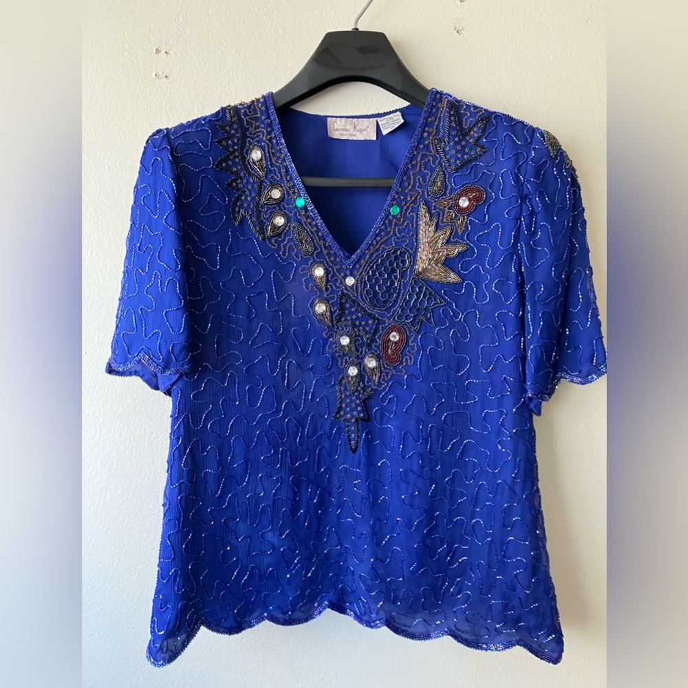 Vintage '80s Laurence Kazar Embellished Purple/Blue Evening Top Beads Sequins XL